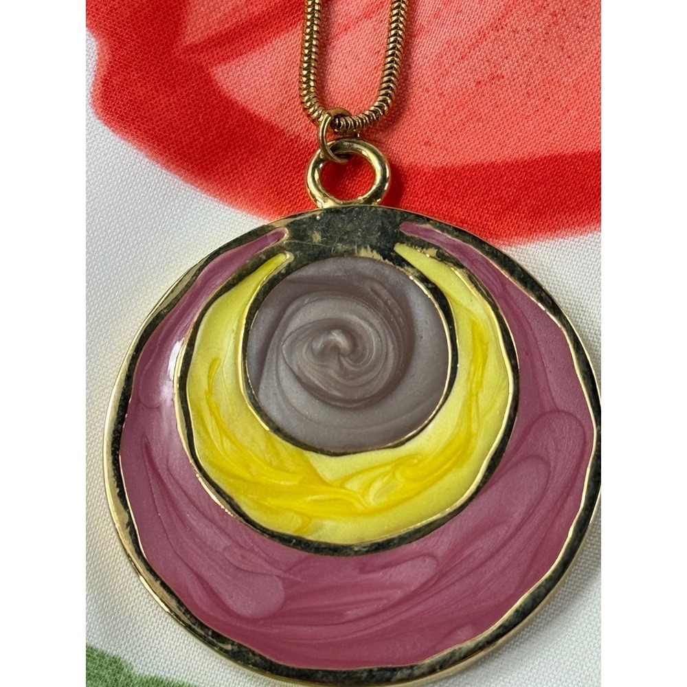 Vintage Enamel Concentric Circle Pendant Gold Tone Snake Chain Necklace 30 Inch - Picture 3 of 7